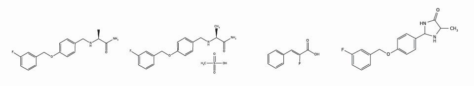 Chemical structures for Safinamide Free Acid, Safinamide Mesylate, Safinamide Deflour-Derivative, and Safinamide Imidazolidinone