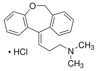 The chemical structure of a compound with a large ring system composed of three fused rings: two benzene rings and one other cyclic structure. Attached to this ring system is a side chain with a tertiary amine group, featuring two methyl groups (CH3) attached to the nitrogen (N). Additionally, a hydrogen chloride (HCl) molecule is depicted separately, indicating the compound is likely presented as a hydrochloride salt.