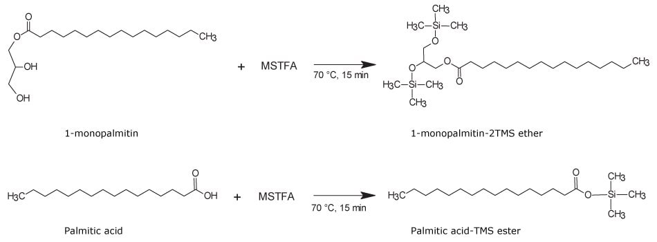 The chemical reaction on top shows trimethylsilylation derivatization of a partially esterified monoacylglycerol, 1-monopalmitin, with MSTFA at 70 ˚C for 15 minutes to produce 1-monopalmitin-2TMS ether derivative. The bottom chemical reactions shows a non-esterified free fatty acid, palmitic acid, reacting with MSTFA at 70 ˚C for 15 minutes to produce palmitic acid-TMS ester.