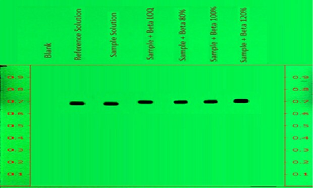 A thin-layer chromatography (TLC) plate, visualized under UV light at 254 nm, displays a vibrant green background. Both edges of the plate have 9 red markings from 0.1 to 0.9 cm at 0.1 cm intervals. A line is drawn across the top at the 1 cm mark, with tracks labeled above it. The plate shows six distinct spots, with intense spots appearing from tracks numbered 2 to 6 from left to right against the florescent green background. The first track is labeled “Blank” and doesn’t show any spot, the remaining tracks are labeled as Reference Solution, Sample solution, Sample + Beta LOQ, Sample + 80% Beta Spike," the sixth peak is labeled "Sample + 100% Beta Spike," and the seventh peak is labeled "Sample + Beta 120% Spike’’.