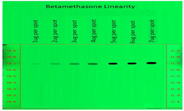 A thin-layer chromatography (TLC) plate, visualized under UV light at 254 nm, displays a vibrant green background. Both edges of the plate have 9 red markings from 0.1 to 0.9 cm at 0.1 cm intervals. A line is drawn across the top at the 1 cm mark, with tracks labeled above it. The plate shows seven distinct spots, with the spots becoming more intense from left to right, confirming the increase in the concentration of betamethasone. The seven labeled as 1 µg, 2 µg, 3 µg, 4 µg, 5 µg, 6 µg, and 7 µg (from left to right. These spots are positioned same, just below the Rf value of 0.7 and stand out clearly against the florescent green background.