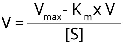 The equation for a Eadie-Hofstee plot. V equals Vmax minus Km times V divided by the concentration of S.