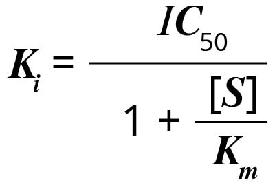 The equation to determine Ki, or the enzyme inhibition constant. Ki equals IC50 divided by 1 plus the concentration of S over Km.