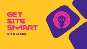 Initial slide of video featuring large pink text "Get Site Smart" and smaller purple text "Order Lookup"on a vibrant yellow background and a pink lightbulb icon on a purple background.. 