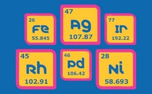 Sample transition metals (iron, silver, irridium, rhodium, palladium, & nickel) in transition metal catalysts.