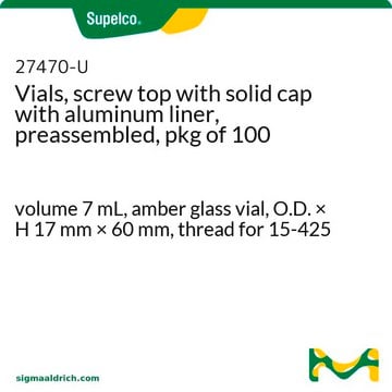 Flacons (vials), à bouchon à vis sans ouverture avec liner en aluminium, pré-assemblées, pack&nbsp;de&nbsp;100 volume 7&#160;mL, amber glass vial, O.D. × H 17&#160;mm × 60&#160;mm, thread for 15-425