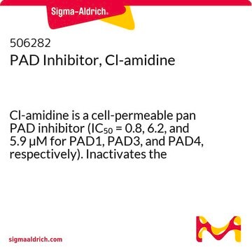 PAD抑制剂，Cl-amidine Cl-amidine is a cell-permeable pan PAD inhibitor (IC&#8325;&#8320; = 0.8, 6.2, and 5.9 &#181;M for PAD1, PAD3, and PAD4, respectively). Inactivates the calcium bound form of PAD4 in an irreversible manner.