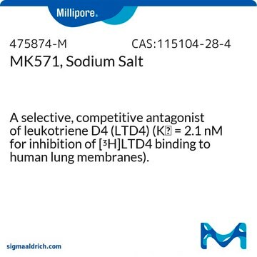 MK571, Sodium Salt A selective, competitive antagonist of leukotriene D4 (LTD4) (Ki = 2.1 nM for inhibition of [&#179;H]LTD4 binding to human lung membranes).