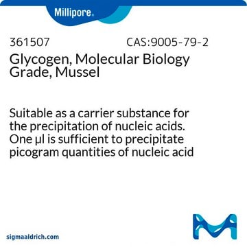 Glycogen, Molecular Biology Grade, Mussel Suitable as a carrier substance for the precipitation of nucleic acids. One &#181;l is sufficient to precipitate picogram quantities of nucleic acid with Ethanol.