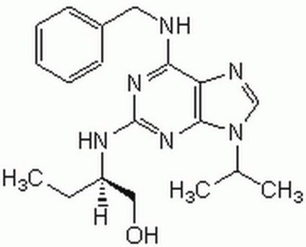 Roscovitine A potent, reversible, and selective inhibitor of Cdks that exhibits about 10-fold greater efficacy towards p34-cdk1 and p33-cdk2 and 20-fold greater efficacy towards p33-cdk5 relative to Olomoucine.