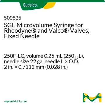 Seringue&nbsp;SGE à microvolume pour vannes Rheodyne&#174; et Valco&#174;, aiguille fixe 250F-LC, volume 0.25&#160;mL (250&#160;&#956;L), needle size 22 ga, needle L × O.D. 2&#160;in. × 0.7112&#160;mm (0.028&#160;in.)