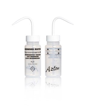 Azlon&nbsp;Multi-Lingual Unvented Wash Bottles label, Deionised water (in EN, FR, DE, ES), capacity 250&#160;mL