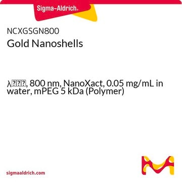 Gold Nanoshells &#955;max, 800&#160;nm, NanoXact, 0.05&#160;mg/mL in water, mPEG 5 kDa (Polymer)