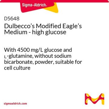 Milieu d'Eagle modifié par Dulbecco (DMEM) à teneur élevée en glucose With 4500 mg/L glucose and L-glutamine, without sodium bicarbonate, powder, suitable for cell culture