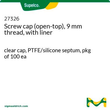 Tapón de rosca (abierto arriba), rosca de 9 mm, con revestimiento clear cap, PTFE/silicone septum, pkg of 100&#160;ea