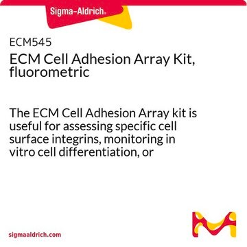 Kit de matrice d'adhérence cellulaire ECM, fluorimétrique The ECM Cell Adhesion Array kit is useful for assessing specific cell surface integrins, monitoring in vitro cell differentiation, or screening potential cell adhesion promoters/inhibitors.