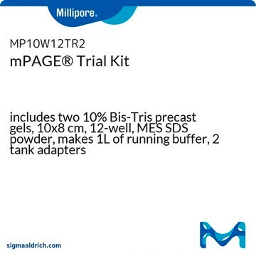 mPAGE&#174; Trial Kit includes two 10% Bis-Tris precast gels, 10x8 cm, 12-well, MES SDS powder, makes 1L of running buffer, 2 tank adapters