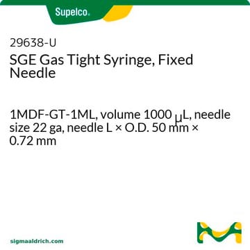 SGE Gas Tight Syringe, Fixed Needle 1MDF-GT-1ML, volume 1000&#160;&#956;L, needle size 22 ga, needle L × O.D. 50&#160;mm × 0.72&#160;mm