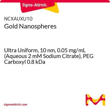 Gold Nanospheres Ultra Uniform, 10&#160;nm, 0.05&#160;mg/mL (Aqueous 2 mM Sodium Citrate), PEG Carboxyl 0.8 kDa