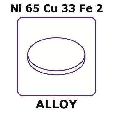 Monel&#174; alloy 400, Ni65Cu33Fe2 foil, 15mm disks, 0.2mm thickness, annealed