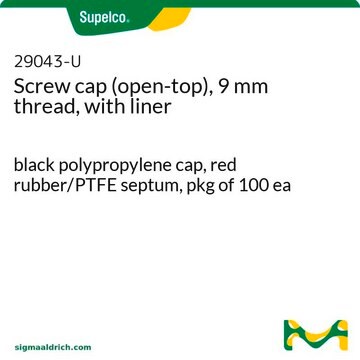 Tapón de rosca (abierto arriba), rosca de 9 mm, con revestimiento black polypropylene cap, red rubber/PTFE septum, pkg of 100&#160;ea