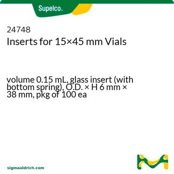 Inserts pour flacons (vials) de 15&nbsp;× 45&nbsp;mm volume 0.15&#160;mL, glass insert (with bottom spring), O.D. × H 6&#160;mm × 38&#160;mm, pkg of 100&#160;ea