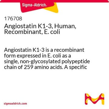 Angiostatin K1-3, Human, Recombinant, E. coli Angiostatin K1-3 is a recombinant form expressed in E. coli as a single, non-glycosylated polypeptide chain of 259 amino acids. A specific inhibitor of endothelial cell growth and angiogenesis.