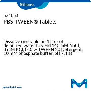 PBS-吐温&#174; 片剂 Dissolve one tablet in 1 liter of deionized water to yield 140 mM NaCl, 3 mM KCl, 0.05% TWEEN 20 Detergent, 10 mM phosphate buffer, pH 7.4 at 25&#176;C. Note: 1 each = 10 tablets.