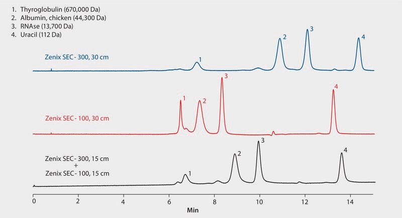 HPLC Analysis of Protein Standards by Size Exclusion on Zenix&#174; as Affected by Pore Size: 100Å vs. 300Å application for HPLC