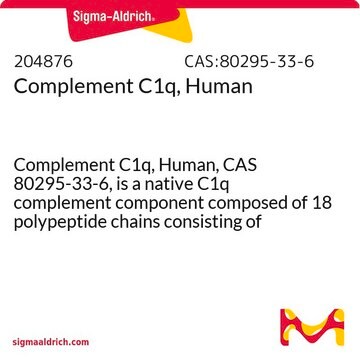 Komplement C1q, human Complement C1q, Human, CAS 80295-33-6, is a native C1q complement component composed of 18 polypeptide chains consisting of three nonidentical A, B, C subunits of 29, 26, and 19 kDa, respectively.