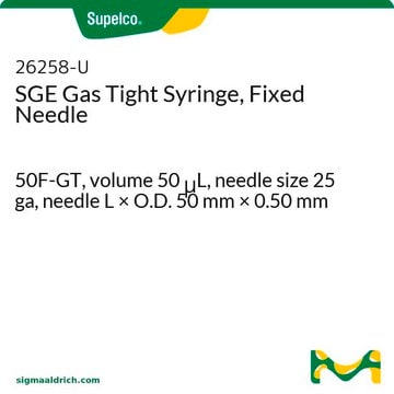 Seringue&nbsp;SGE étanche aux gaz, aiguille fixe 50F-GT, volume 50&#160;&#956;L, needle size 25 ga, needle L × O.D. 50&#160;mm × 0.50&#160;mm