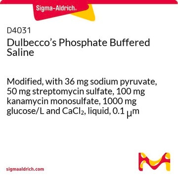 Solution saline dans un tampon phosphate de Dulbecco Modified, with 36&nbsp;mg sodium pyruvate, 50&nbsp;mg streptomycin sulfate, 100&nbsp;mg kanamycin monosulfate, 1000&nbsp;mg glucose/L and CaCl2, liquid, 0.1 &#956;m filtered, suitable for cell culture