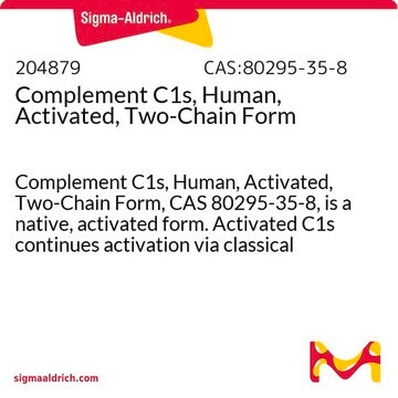 补体 C1s，人，活化，双链形式 Complement C1s, Human, Activated, Two-Chain Form, CAS 80295-35-8, is a native, activated form. Activated C1s continues activation via classical pathway by cleaving, and thus activating, C2 and C4.