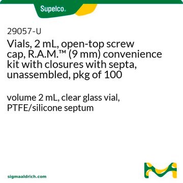 Flacons (vials), 2&nbsp;ml, bouchon à vis, R.A.M.&#8482; (9&nbsp;mm) kit pratique, bouchons avec septa, non assemblés, pack&nbsp;de&nbsp;100 volume 2&#160;mL, clear glass vial, PTFE/silicone septum