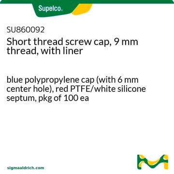 Tapón de rosca corta, rosca de 9&nbsp;mm, con camisa blue polypropylene cap (with 6 mm center hole), red PTFE/white silicone septum, pkg of 100&#160;ea