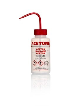 Azlon&nbsp;Multi-Lingual Safety Wash Bottles With Driplok Vapor Venting label, Acetone (in Norwegian, Danish, Swedish, English), capacity 500&#160;mL