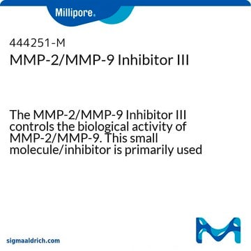 MMP-2/MMP-9 Inhibitor III The MMP-2/MMP-9 Inhibitor III controls the biological activity of MMP-2/MMP-9. This small molecule/inhibitor is primarily used for Protease Inhibitors applications.