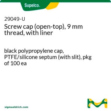 Screw cap (open-top), 9 mm thread, with liner black polypropylene cap, PTFE/silicone septum (with slit), pkg of 100&#160;ea