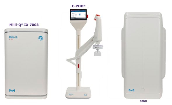 Milli-Q&#174; IX Pure Water System with E-POD&#174; Dispenser input: potable tap water, output: type 2 water (> 5&#160;M&#937;·cm), The most advanced pure water system for the production of Elix&#174; quality water at a flow rate of 3 L/h, with E-POD&#174; pure water dispenser.