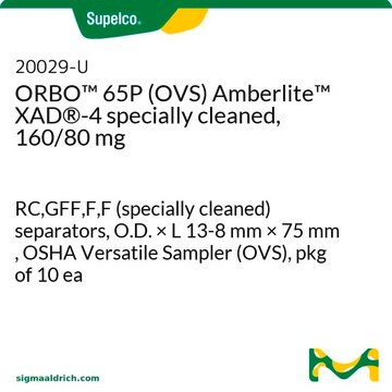 ORBO&#8482;&nbsp;65P&nbsp;(OVS), résine Amberlite&#8482;&nbsp;XAD&#174;-4 spécialement traitée, 160/80&nbsp;mg RC,GFF,F,F (specially cleaned) separators, O.D. × L 13-8&#160;mm × 75&#160;mm , OSHA Versatile Sampler (OVS), pkg of 10&#160;ea