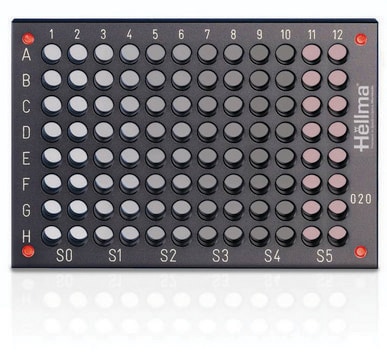 Hellma&#174; reference plate for qualifying microplate readers to check photometric accuracy and wavelength accuracy