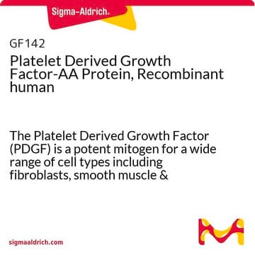 Thrombozyten-Wachstumsfaktor-AA-Protein, rekombinant, human The Platelet Derived Growth Factor (PDGF) is a potent mitogen for a wide range of cell types including fibroblasts, smooth muscle &amp; connective tissue.