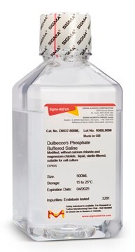 Disolución salina tamponada con fosfatos de Dulbecco Modified, without calcium chloride and magnesium chloride, liquid, sterile-filtered, suitable for cell culture