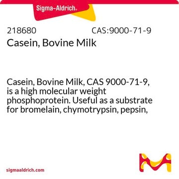 Casein, Bovine Milk Casein, Bovine Milk, CAS 9000-71-9, is a high molecular weight phosphoprotein. Useful as a substrate for bromelain, chymotrypsin, pepsin, trypsin, and other proteases.