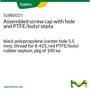 Assembled screw cap with hole and PTFE/butyl septa black polypropylene (center hole 5.5 mm), thread for 8-425, red PTFE/butyl rubber septum, pkg of 100&#160;ea