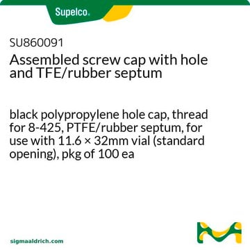 Bouchons à vis percés avec septum PTFE/caoutchouc, assemblés black polypropylene hole cap, thread for 8-425, PTFE/rubber septum, for use with 11.6 × 32mm vial (standard opening), pkg of 100&#160;ea