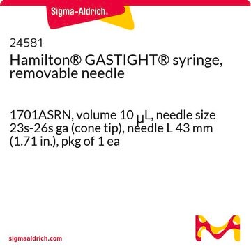 Hamilton&#174; GASTIGHT&#174; syringe, removable needle 1701ASRN, volume 10&#160;&#956;L, needle size 23s-26s ga (cone tip), needle L 43&#160;mm (1.71&#160;in.), pkg of 1&#160;ea