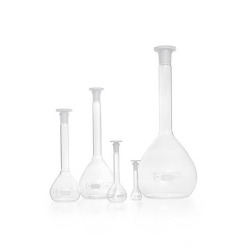 Duran&#174; Volumetric Flask graduated, WHITE GRADUATION, WITH ONE GRADUATION MARK, class A, Batch Certificate, Octagonal PE Stopper, joint: ST/NS 10/19