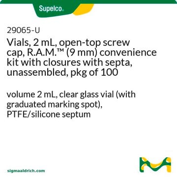 Flacons (vials), 2&nbsp;ml, bouchon à vis, R.A.M.&#8482; (9&nbsp;mm) kit pratique, bouchons avec septa, non assemblés, pack&nbsp;de&nbsp;100 volume 2&#160;mL, clear glass vial (with graduated marking spot), PTFE/silicone septum