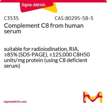 Complement C8 from human serum suitable for radioiodination, RIA, &#8805;85% (SDS-PAGE), &#8805;125,000&#160;C8H50 units/mg protein (using C8 deficient serum)